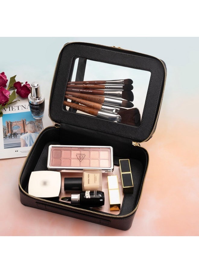 Clear Makeup Bags, Double Layer Cosmetic Bags With A Separate Brush Compartment, Travel Toiletry Bag Train Case For Women, Travel Accessories Organizer For Purse(2 Layers Large, Black)
