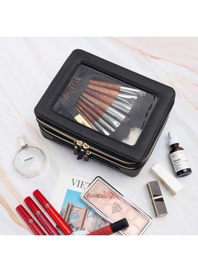 Clear Makeup Bags, Double Layer Cosmetic Bags With A Separate Brush Compartment, Travel Toiletry Bag Train Case For Women, Travel Accessories Organizer For Purse(2 Layers Large, Black)