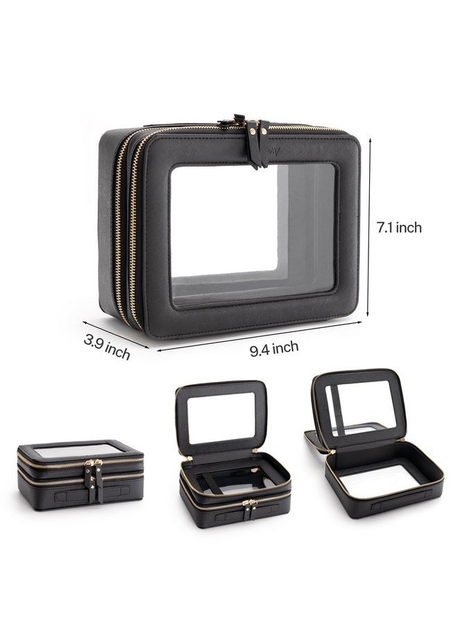 Clear Makeup Bags, Double Layer Cosmetic Bags With A Separate Brush Compartment, Travel Toiletry Bag Train Case For Women, Travel Accessories Organizer For Purse(2 Layers Large, Black)
