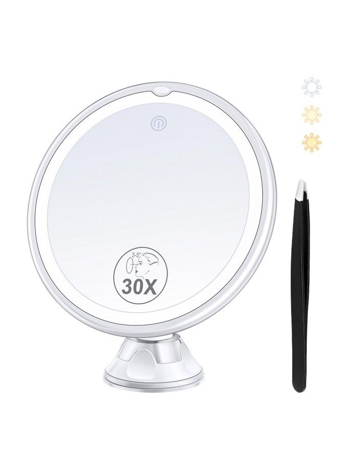 Magnifying Mirror With Light 30X, Lighted Makeup Mirror 30X For Precision Makeup, 3 Color Modes And Adjustable Brightness, 360° Swivel Magnifying Mirror Suction Cup For Bathroom Mirrors 8 Inches