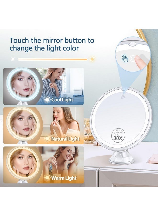 Magnifying Mirror With Light 30X, Lighted Makeup Mirror 30X For Precision Makeup, 3 Color Modes And Adjustable Brightness, 360° Swivel Magnifying Mirror Suction Cup For Bathroom Mirrors 8 Inches