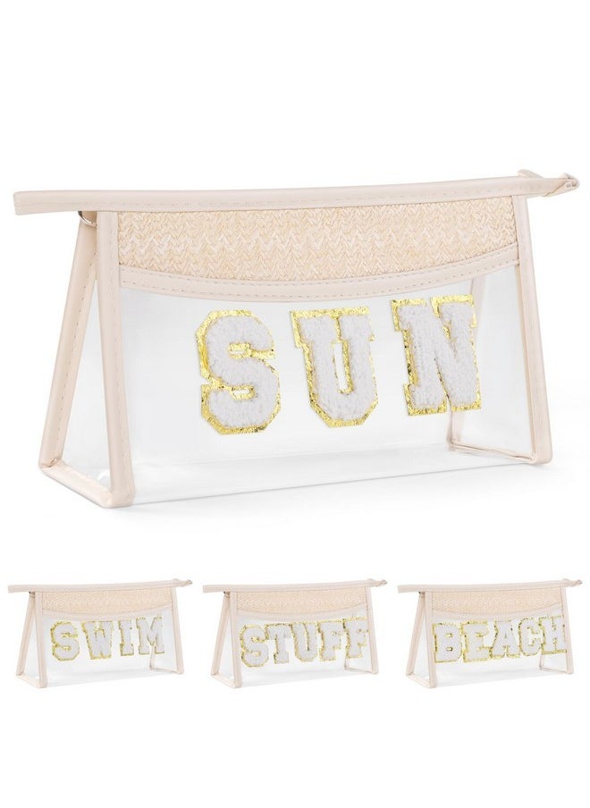 Boho Patch Sun Cosmetic Bag, Transparent Pvc Travel Makeup Pouch Waterproof Toiletry Organizer, Small Chenille Varsity Letter Patch Bag Woven Makeup Bag