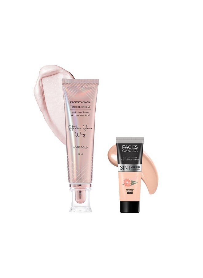 Rose Glow Kit Powder |Full Coverage Rose Gold Strobe Cream (30Ml) + Rose Ivory All Day Hydra Matte Mini Luminous Foundation (15Ml) | Makeup Kit For Women (Combo Pack Of 2 Count)