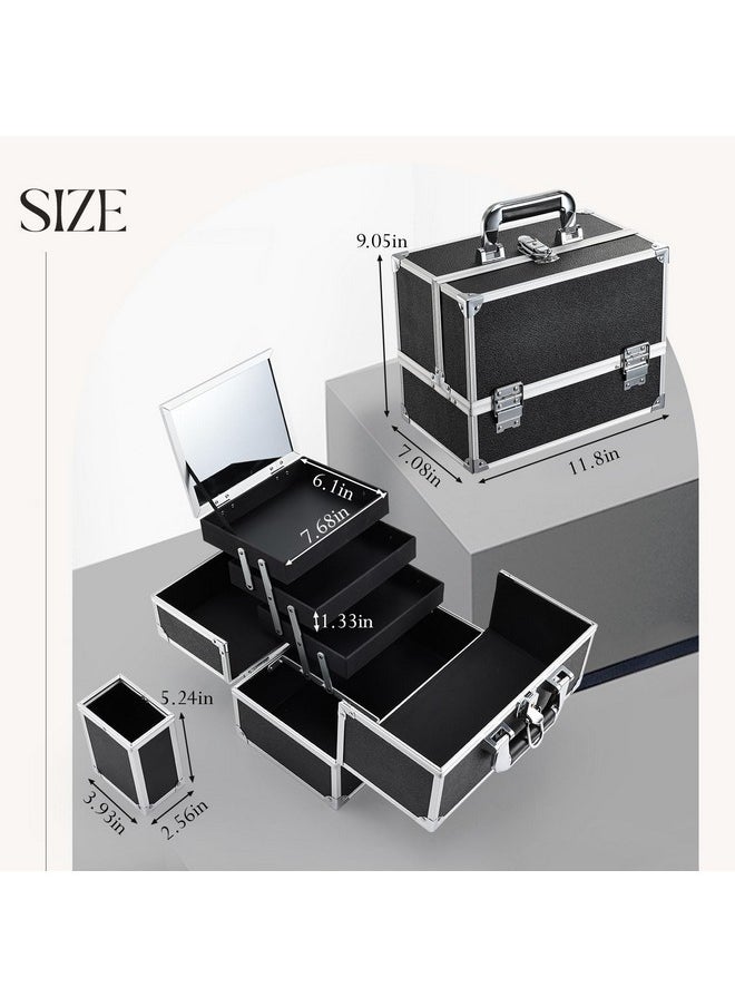 Makeup Train Case 11.8 Inch Extra Large Makeup Organizer Case 3 Trays With Mirror Cosmetic Travel Storage Box For Makeup Artist Nail Tech Craft Supplies Case Black