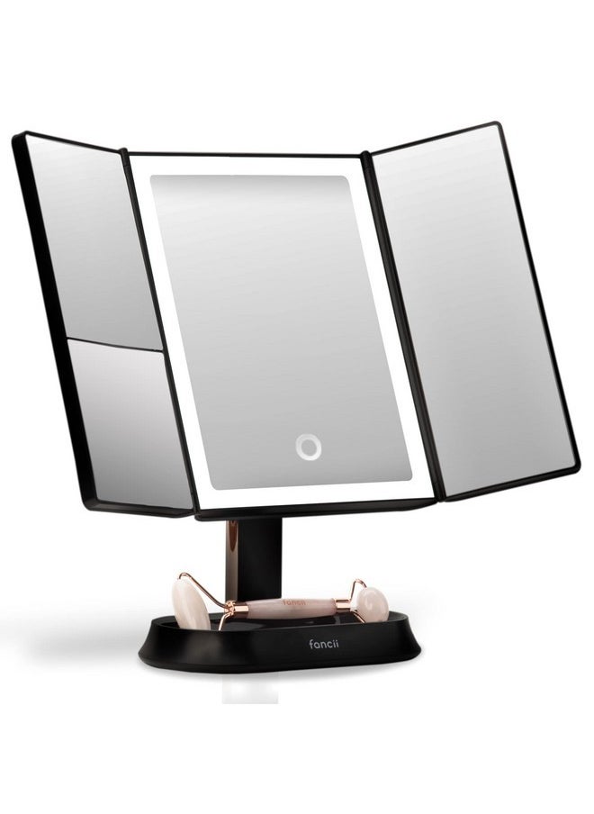 Makeup Mirror With Natural Led Lights, Lighted Trifold Vanity Mirror With 5X & 7X Magnifications - 40 Dimmable Lights, Touch Screen, Cosmetic Stand - Sora (Black)