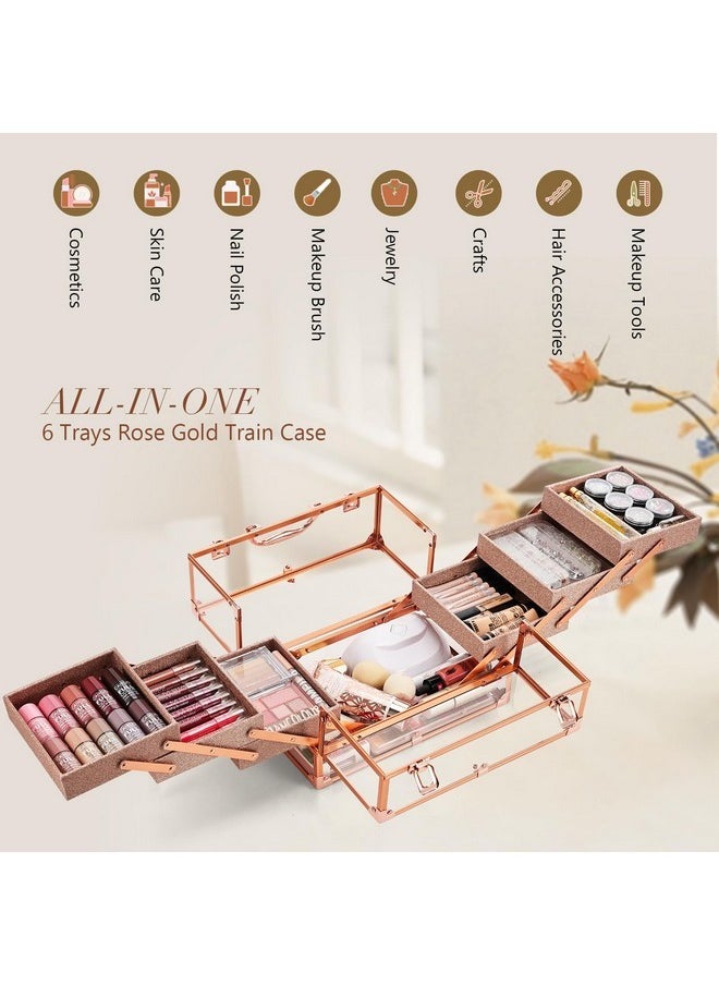 Makeup Train Case 11.8 Inch Acrylic Large 6 Tray Large Makeup Organizer Case Portable Cosmetic Storage Box For Makeup Artist Jewelry Nail Kits Crafts Beauty Makeup Display Case Rose Gold