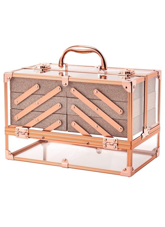 Makeup Train Case 11.8 Inch Acrylic Large 6 Tray Large Makeup Organizer Case Portable Cosmetic Storage Box For Makeup Artist Jewelry Nail Kits Crafts Beauty Makeup Display Case Rose Gold