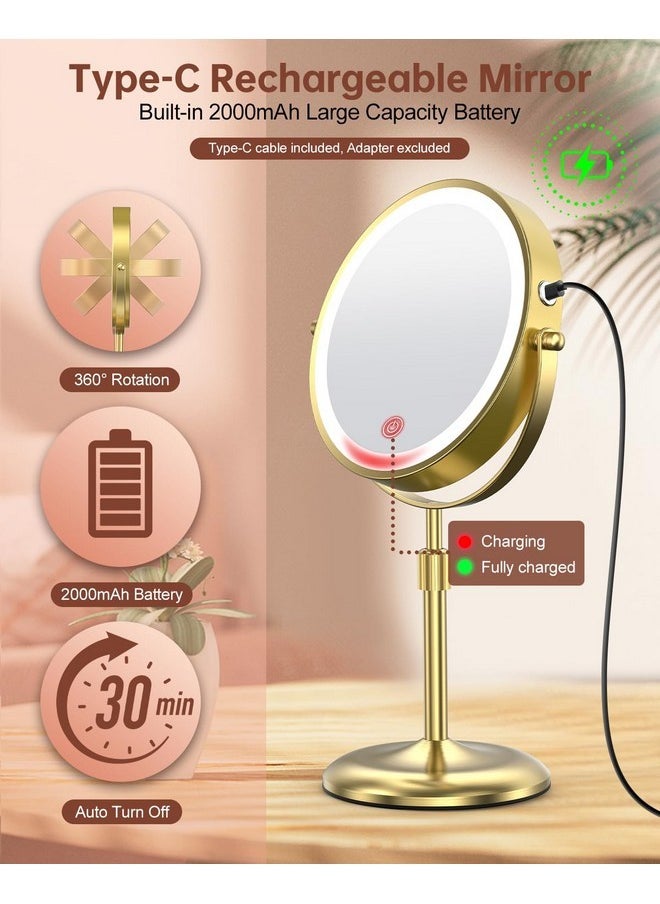 Lighted Makeup Mirror With 3 Color Lights & 10X Magnification, Adjustable Brightness & Height, 7 Inch 360° Swivel Rechargeable Led Vanity Mirror, 10X Magnifying Mirror With Light, Gold