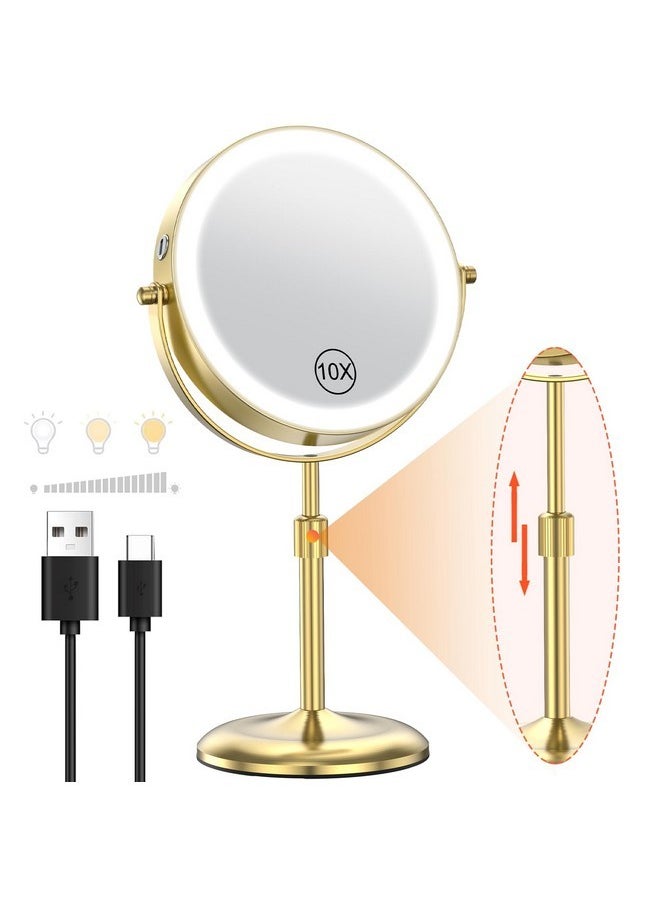 Lighted Makeup Mirror With 3 Color Lights & 10X Magnification, Adjustable Brightness & Height, 7 Inch 360° Swivel Rechargeable Led Vanity Mirror, 10X Magnifying Mirror With Light, Gold