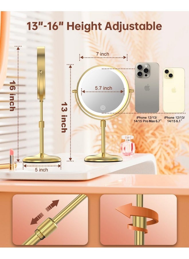 Lighted Makeup Mirror With 3 Color Lights & 10X Magnification, Adjustable Brightness & Height, 7 Inch 360° Swivel Rechargeable Led Vanity Mirror, 10X Magnifying Mirror With Light, Gold