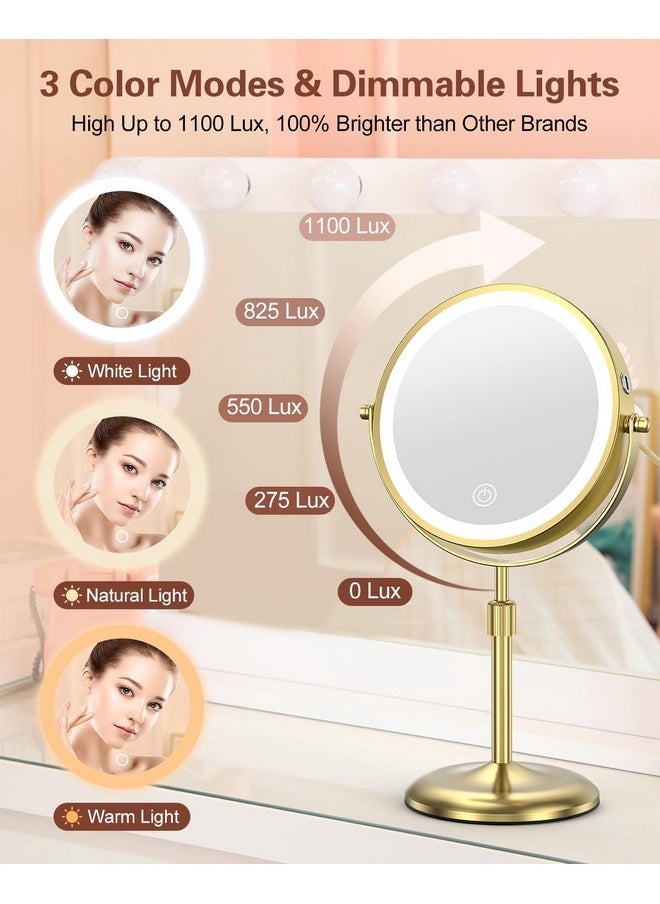 Lighted Makeup Mirror With 3 Color Lights & 10X Magnification, Adjustable Brightness & Height, 7 Inch 360° Swivel Rechargeable Led Vanity Mirror, 10X Magnifying Mirror With Light, Gold