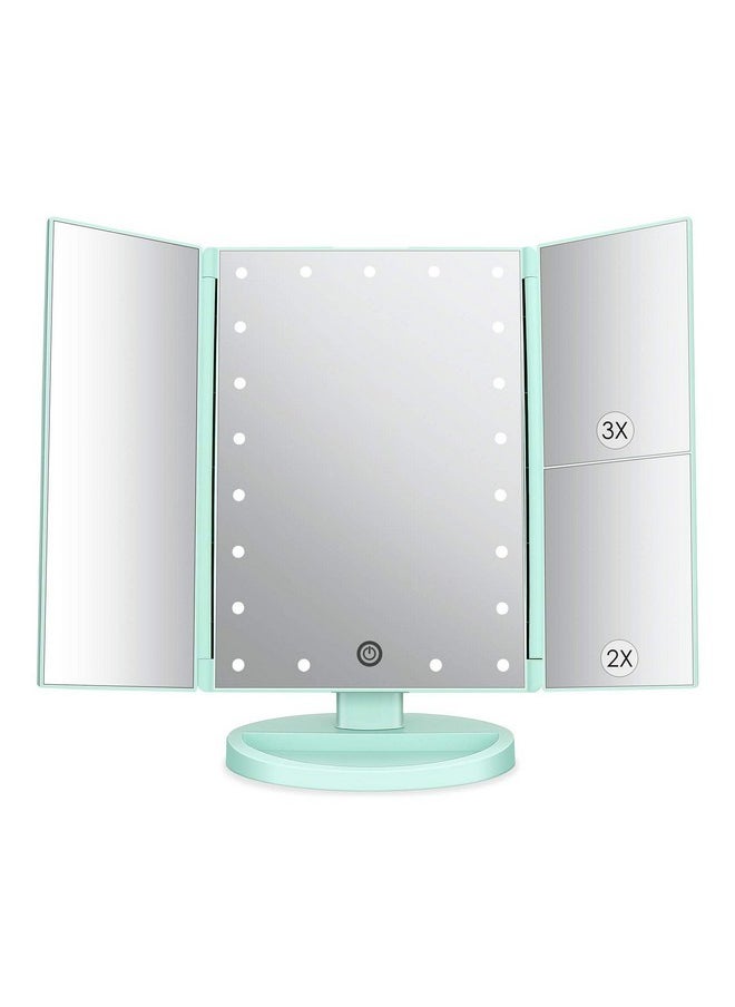 Tri-Fold Lighted Vanity Mirror With 21 Led Lights, Touch Screen And 3X/2X/1X Magnification, Two Power Supply Mode Make Up Mirror,Travel Mirror (Green)