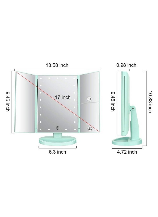 Tri-Fold Lighted Vanity Mirror With 21 Led Lights, Touch Screen And 3X/2X/1X Magnification, Two Power Supply Mode Make Up Mirror,Travel Mirror (Green)