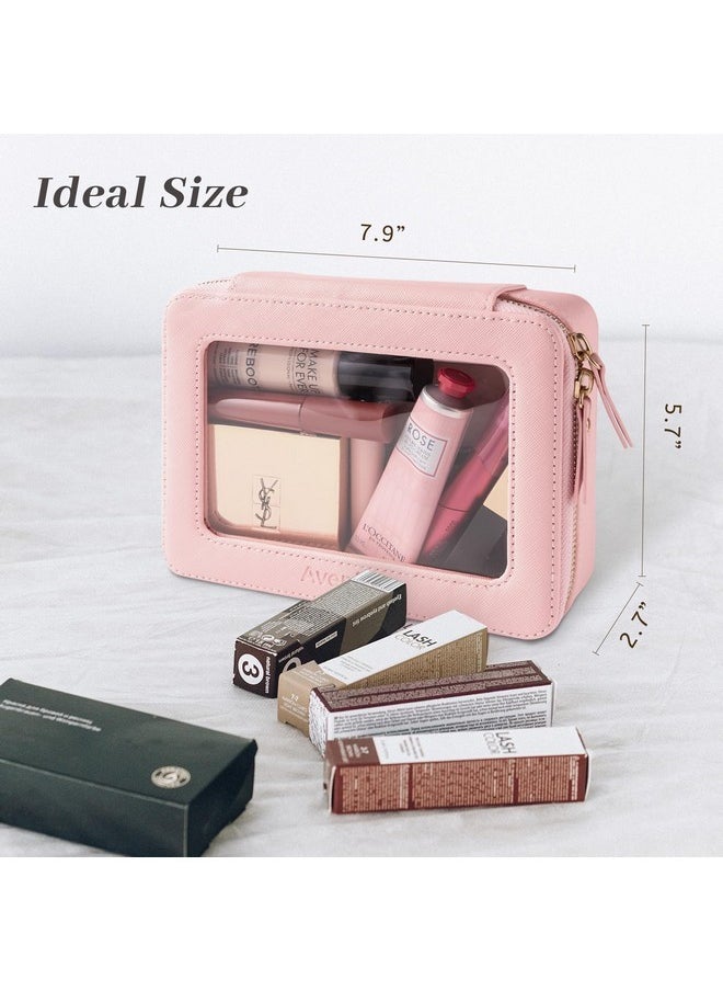 Clear Makeup Bag Organizer, Portable Travel Toiletry Cosmetic Bag Case For Women, Heavy Duty Make Up Pouch With Transparent Vinyl Windows & Gold Zippers(Pink)