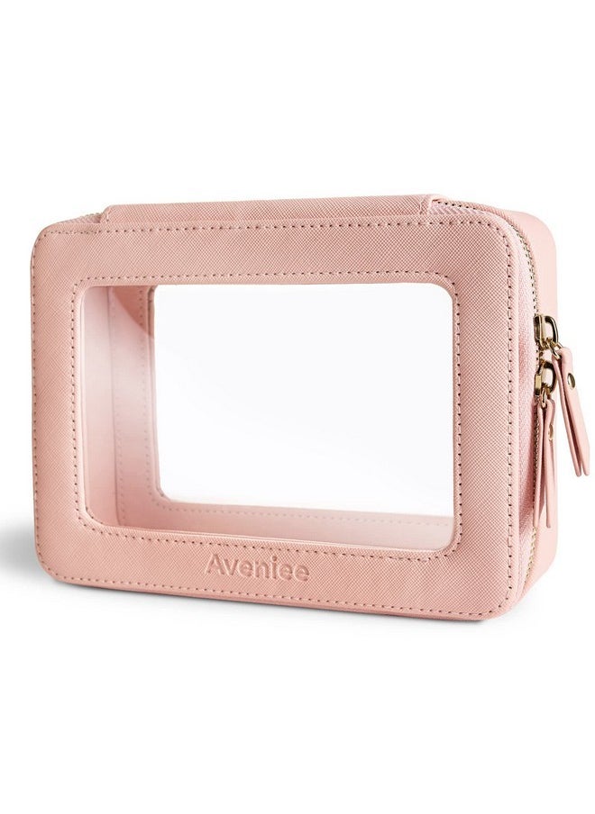 Clear Makeup Bag Organizer, Portable Travel Toiletry Cosmetic Bag Case For Women, Heavy Duty Make Up Pouch With Transparent Vinyl Windows & Gold Zippers(Pink)
