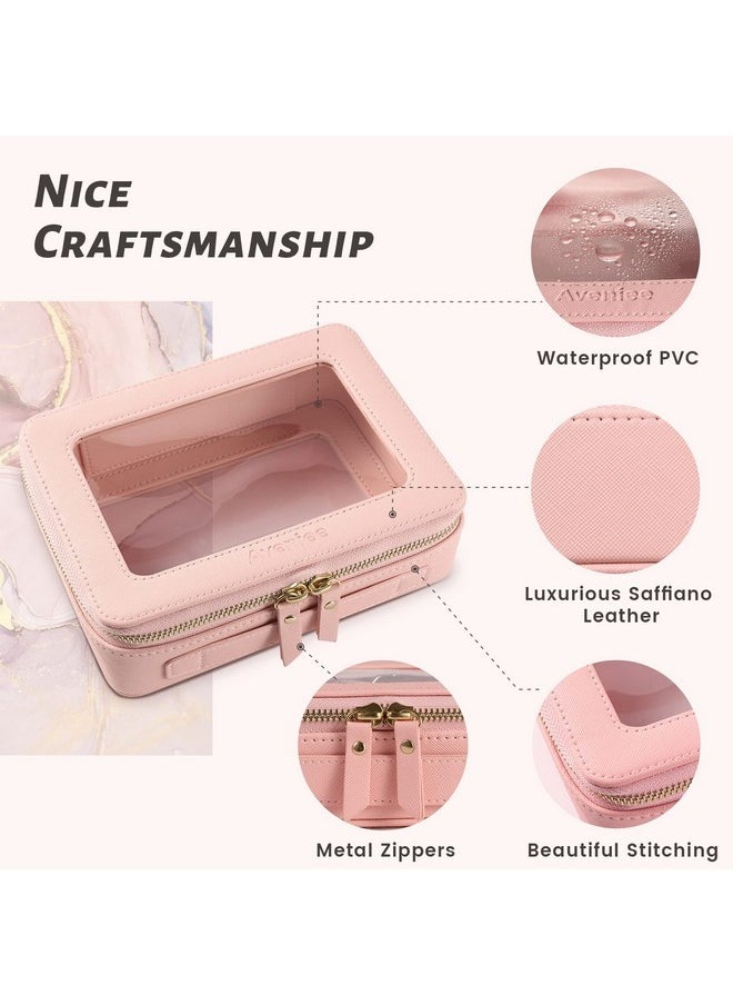 Clear Makeup Bag Organizer, Portable Travel Toiletry Cosmetic Bag Case For Women, Heavy Duty Make Up Pouch With Transparent Vinyl Windows & Gold Zippers(Pink)