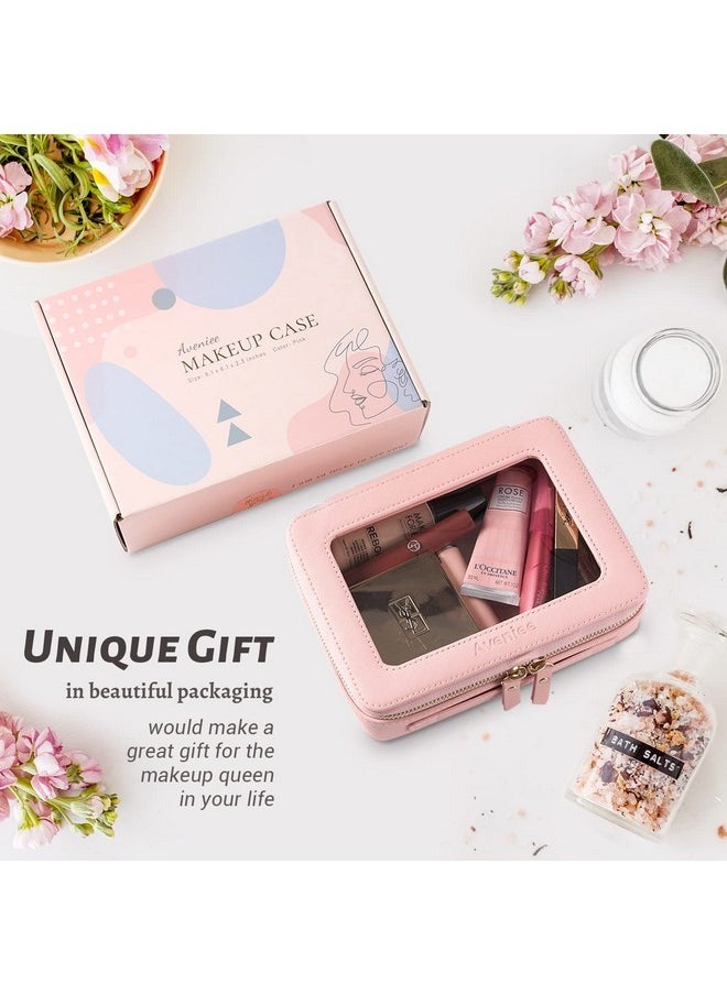 Clear Makeup Bag Organizer, Portable Travel Toiletry Cosmetic Bag Case For Women, Heavy Duty Make Up Pouch With Transparent Vinyl Windows & Gold Zippers(Pink)