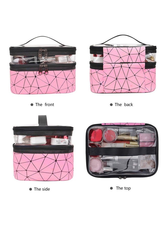 Faux Leather Double Layer Cosmetics Makeup Toiletries Storage Organizer Cosmetic Bag (Pink - Diamond), 22.5 X 16.5 X 15 Centimeters