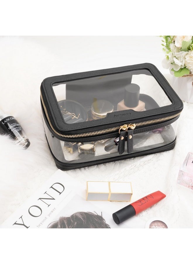 Clear Makeup Bag, Large Travel Toiletry Bag Cosmetic Case For Women, Make Up Bag With Zipper, Transparent Waterproof Cosmetic Organizer Storage Bag(Black)