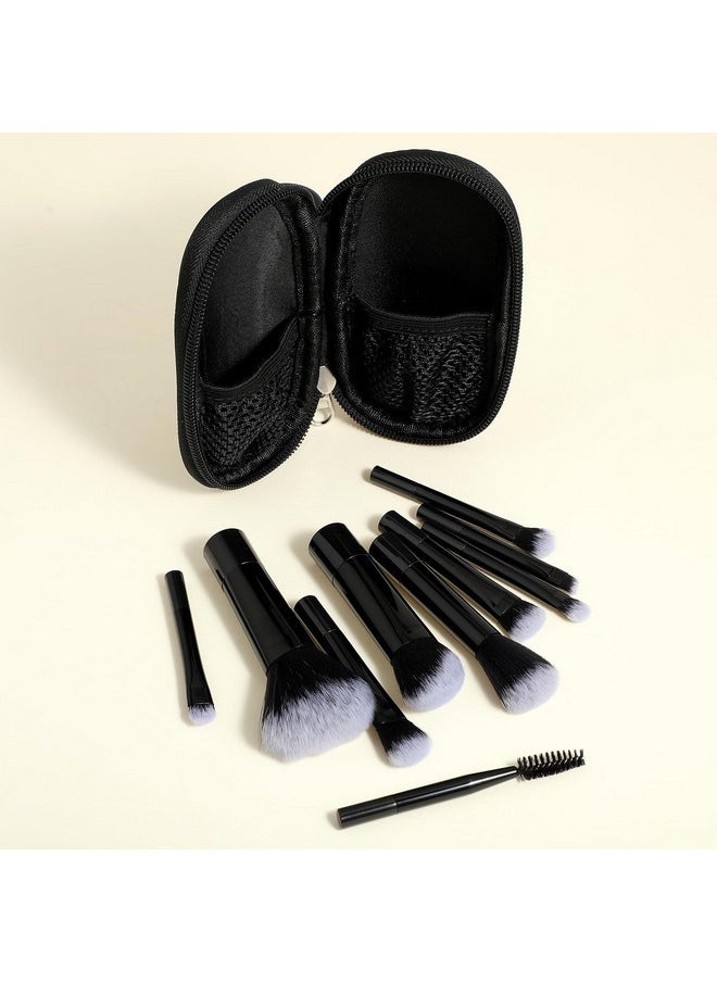 10 Pcs Travel Makeup Brush Set Mini Makeup Brushes Travel Size With Pack Portable Small Eyeshadow Eye Lipstick Foundation Brush Shadow Contour Blush Concealer (Black)