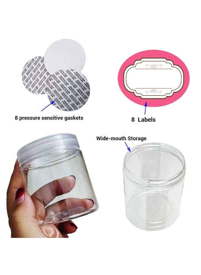 8 Pack 4 Oz Empty Plastic Jars With Lids,Wide-Mouth Clear Storage Containers, Empty Round Clear Plastic Jars With Lids And Labels For Body Butter, Bath Salt, Slime And Beauty Products