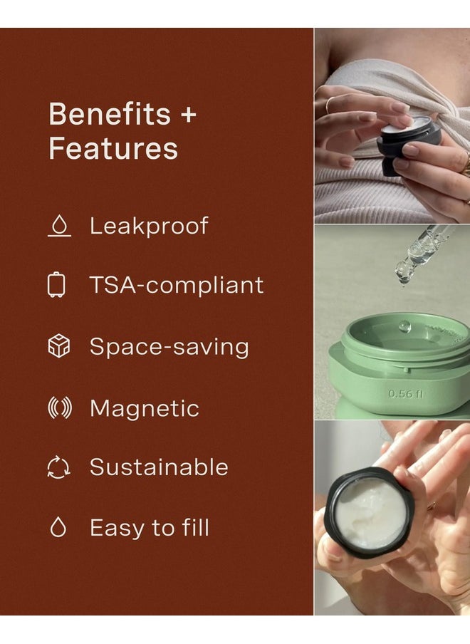 Travel Containers - Skincare Set - Magnetic Travel Capsules - For Facial Cleanser, Moisturizer, Sunscreen - 3 Small Capsules (0.56Oz) With Cleanser, Moisturizer & Sun-Icon Labels - Petal