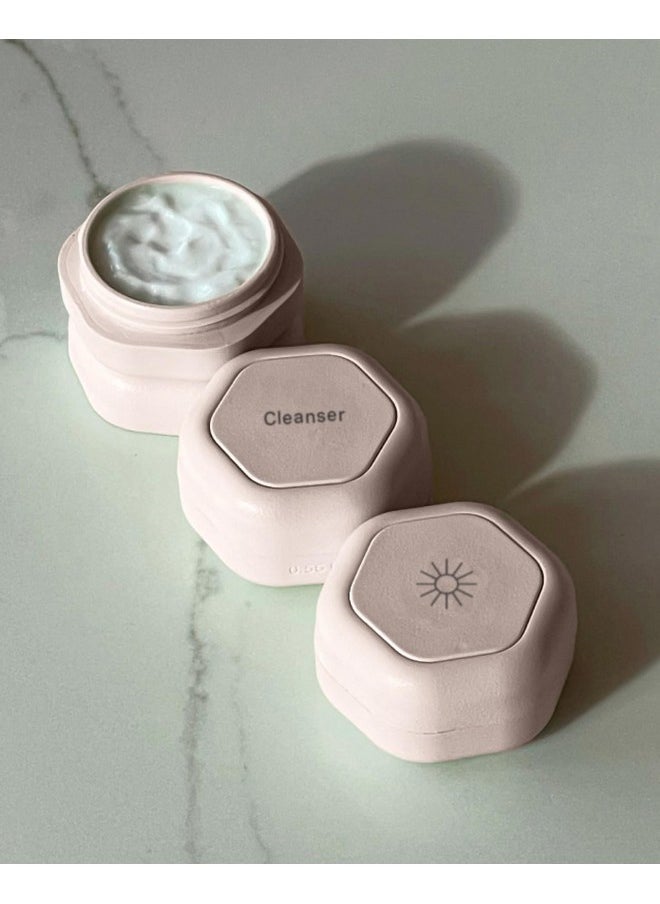 Travel Containers - Skincare Set - Magnetic Travel Capsules - For Facial Cleanser, Moisturizer, Sunscreen - 3 Small Capsules (0.56Oz) With Cleanser, Moisturizer & Sun-Icon Labels - Petal