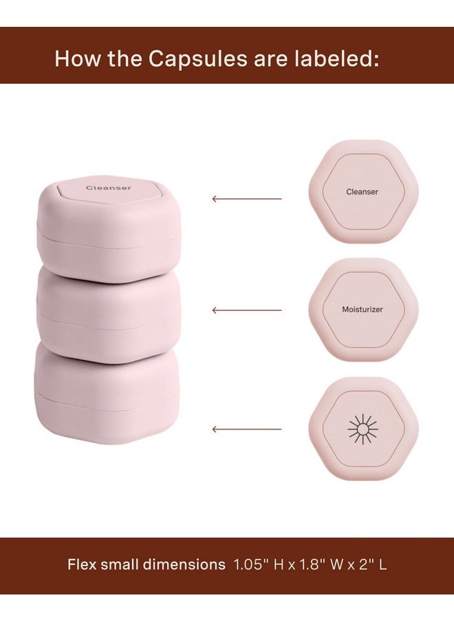 Travel Containers - Skincare Set - Magnetic Travel Capsules - For Facial Cleanser, Moisturizer, Sunscreen - 3 Small Capsules (0.56Oz) With Cleanser, Moisturizer & Sun-Icon Labels - Petal