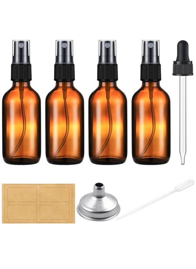 2 Oz Amber Glass Spray Bottles For Essential Oils, Empty Small Fine Mist And Refillable Mister, Mini Travel Bottle For Cleaning Solutions And Skin Care, Glass Dropper And Funnel Included.