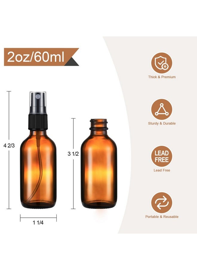 2 Oz Amber Glass Spray Bottles For Essential Oils, Empty Small Fine Mist And Refillable Mister, Mini Travel Bottle For Cleaning Solutions And Skin Care, Glass Dropper And Funnel Included.
