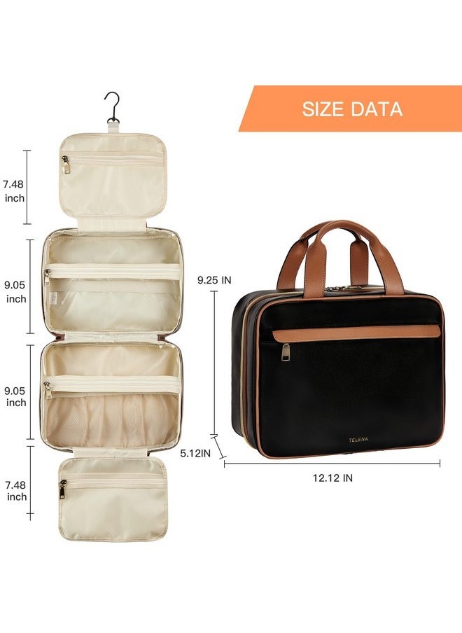 Travel Toiletry Bag For Women, Toiletry Bag Travel Bag With Hanging Hook, Water-Resistant Makeup Organizer, Cosmetic Bag Travel Accessories, Black With Brown