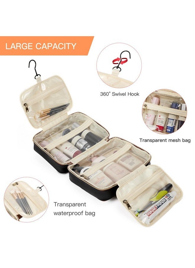 Travel Toiletry Bag For Women, Toiletry Bag Travel Bag With Hanging Hook, Water-Resistant Makeup Organizer, Cosmetic Bag Travel Accessories, Black With Brown