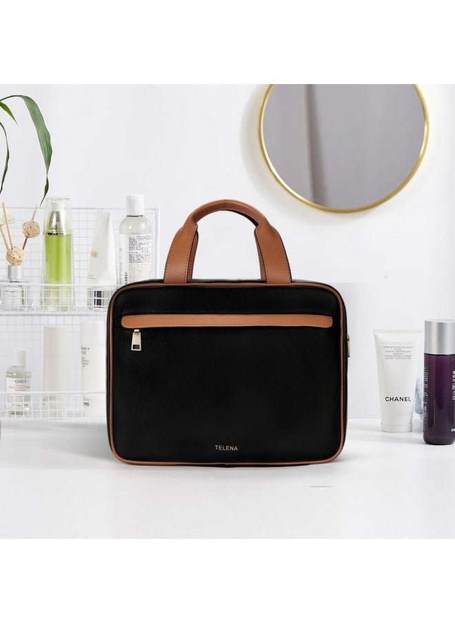 Travel Toiletry Bag For Women, Toiletry Bag Travel Bag With Hanging Hook, Water-Resistant Makeup Organizer, Cosmetic Bag Travel Accessories, Black With Brown