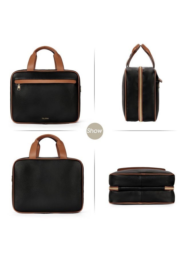 Travel Toiletry Bag For Women, Toiletry Bag Travel Bag With Hanging Hook, Water-Resistant Makeup Organizer, Cosmetic Bag Travel Accessories, Black With Brown