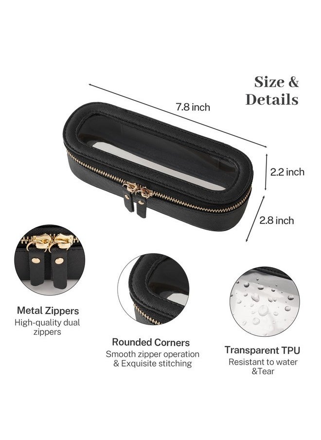Slim Clear Makeup Brush Bag, Small Cosmetic Brush Holder, Mini Toiletry Bag Travel Case For Women, Thin Make Up Bags With Dual Zipper, Cute Travel Essentials Bag Organize - Black