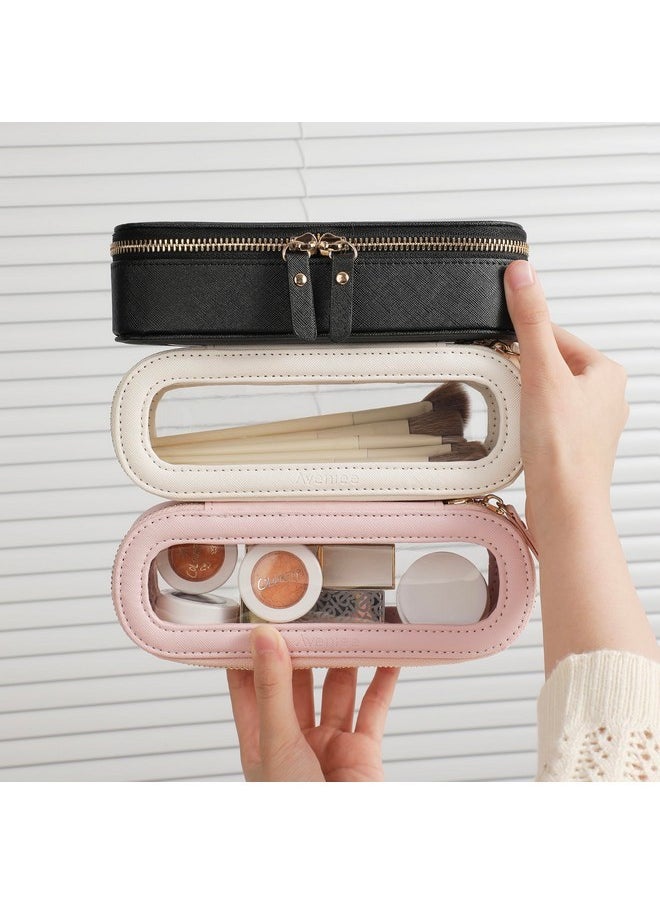 Slim Clear Makeup Brush Bag, Small Cosmetic Brush Holder, Mini Toiletry Bag Travel Case For Women, Thin Make Up Bags With Dual Zipper, Cute Travel Essentials Bag Organize - Black