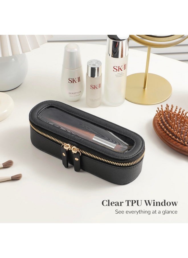 Slim Clear Makeup Brush Bag, Small Cosmetic Brush Holder, Mini Toiletry Bag Travel Case For Women, Thin Make Up Bags With Dual Zipper, Cute Travel Essentials Bag Organize - Black