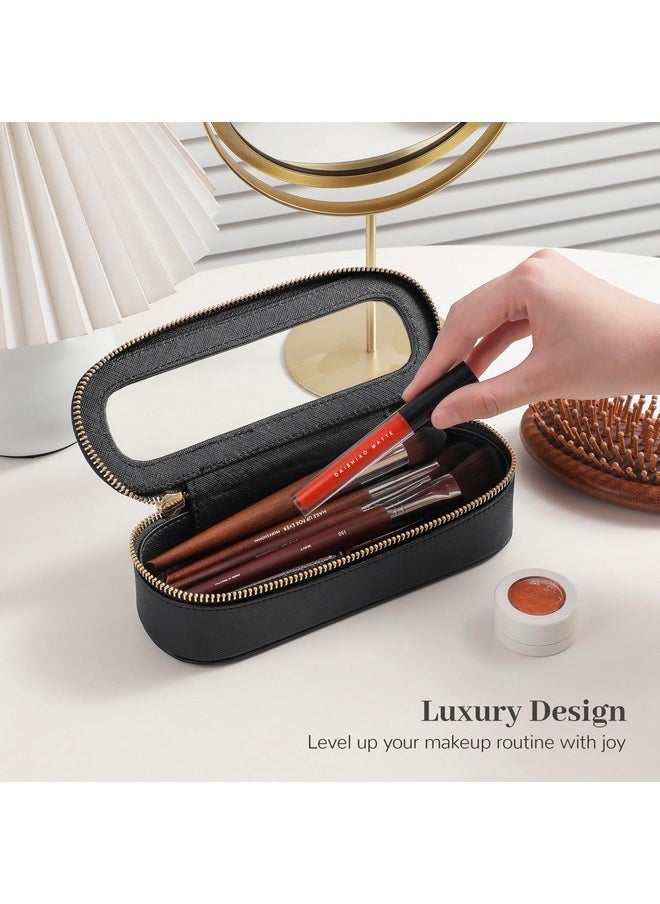 Slim Clear Makeup Brush Bag, Small Cosmetic Brush Holder, Mini Toiletry Bag Travel Case For Women, Thin Make Up Bags With Dual Zipper, Cute Travel Essentials Bag Organize - Black
