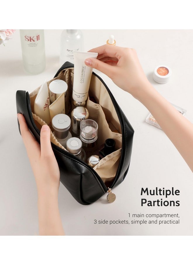 Travel Makeup Bag Pouch, Large Toiletry Bag For Women, Vegan Leather Cosmetic Pouches Make Up Bag For Travel Essentials Brushes, Bag Purse Organizer With Divider And Dual Zippers(Black)