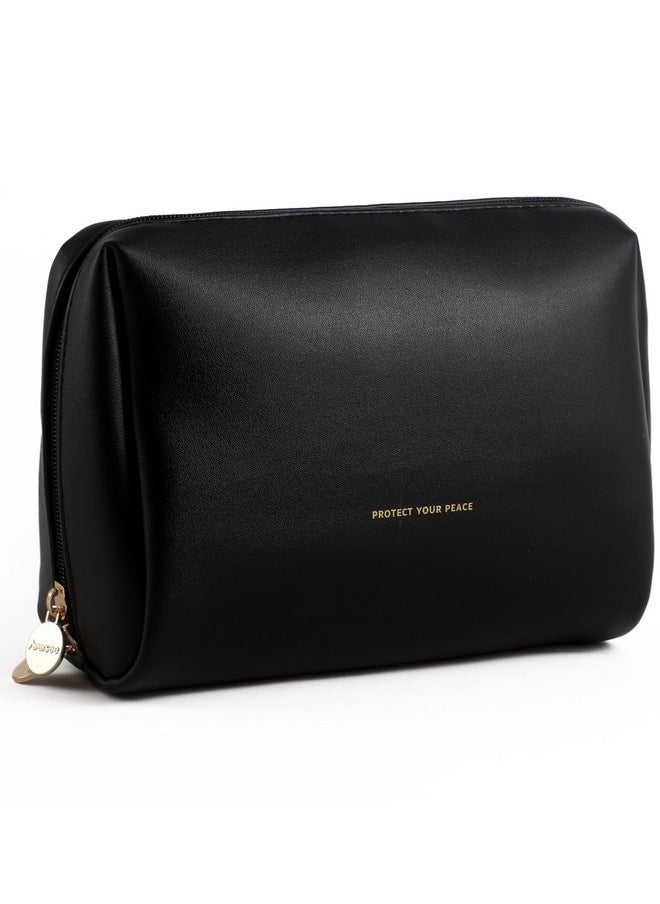 Travel Makeup Bag Pouch, Large Toiletry Bag For Women, Vegan Leather Cosmetic Pouches Make Up Bag For Travel Essentials Brushes, Bag Purse Organizer With Divider And Dual Zippers(Black)
