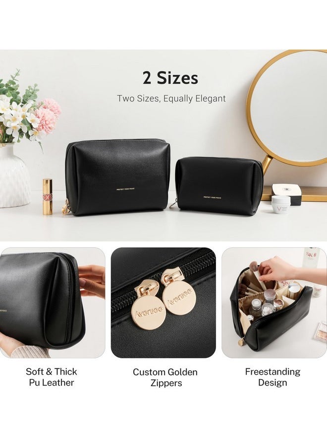 Travel Makeup Bag Pouch, Large Toiletry Bag For Women, Vegan Leather Cosmetic Pouches Make Up Bag For Travel Essentials Brushes, Bag Purse Organizer With Divider And Dual Zippers(Black)