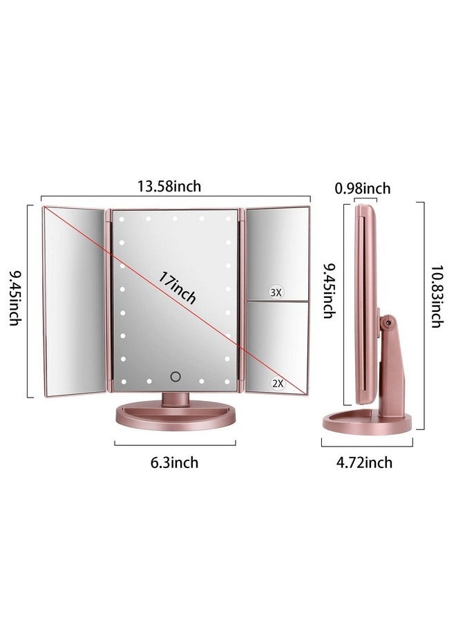 Dresser Mount Tri-Fold Lighted Vanity Mirror With 21 Led Lights, Touch Screen And 3X/2X/1X Magnification, Two Power Supply Modes Make Up Mirror,Travel Mirror