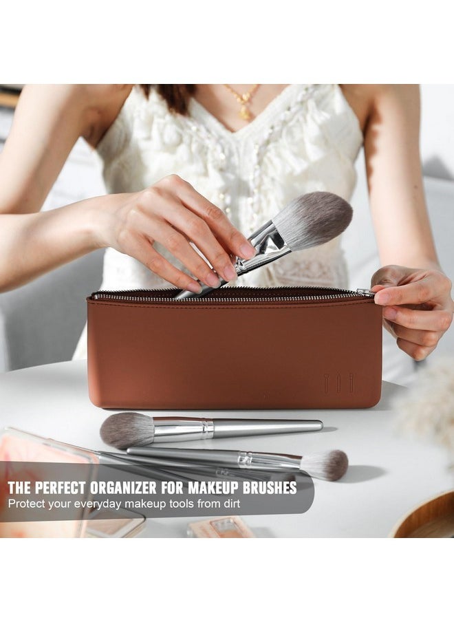 Silicone Makeup Brush Bag - Elegant Cosmetic Brushes Pouch Bag With Ykk Zipper, Travel Makeup Tools Organizer Bag -Brown