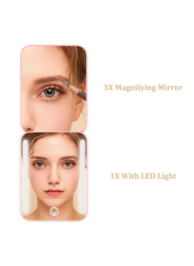 Rechargeable Travel Mirror,1X/3X Magnification Compact Mirror,3 Color Lights Pocket Mirror,Dimmable Portable Makeup Mirror,400Mah,Small Mirror For Purse,Gifts,Pink