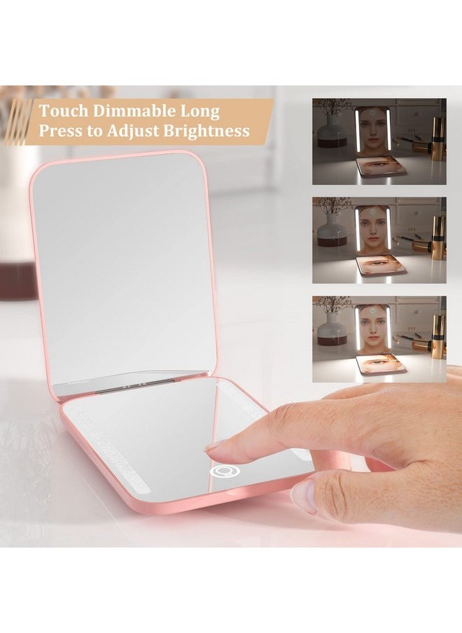 Rechargeable Travel Mirror,1X/3X Magnification Compact Mirror,3 Color Lights Pocket Mirror,Dimmable Portable Makeup Mirror,400Mah,Small Mirror For Purse,Gifts,Pink