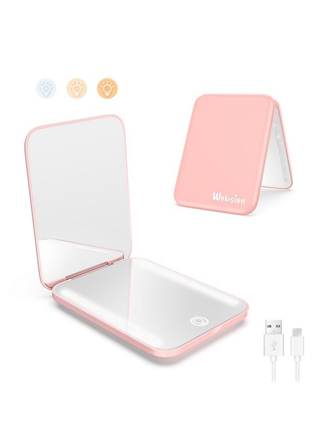 Rechargeable Travel Mirror,1X/3X Magnification Compact Mirror,3 Color Lights Pocket Mirror,Dimmable Portable Makeup Mirror,400Mah,Small Mirror For Purse,Gifts,Pink