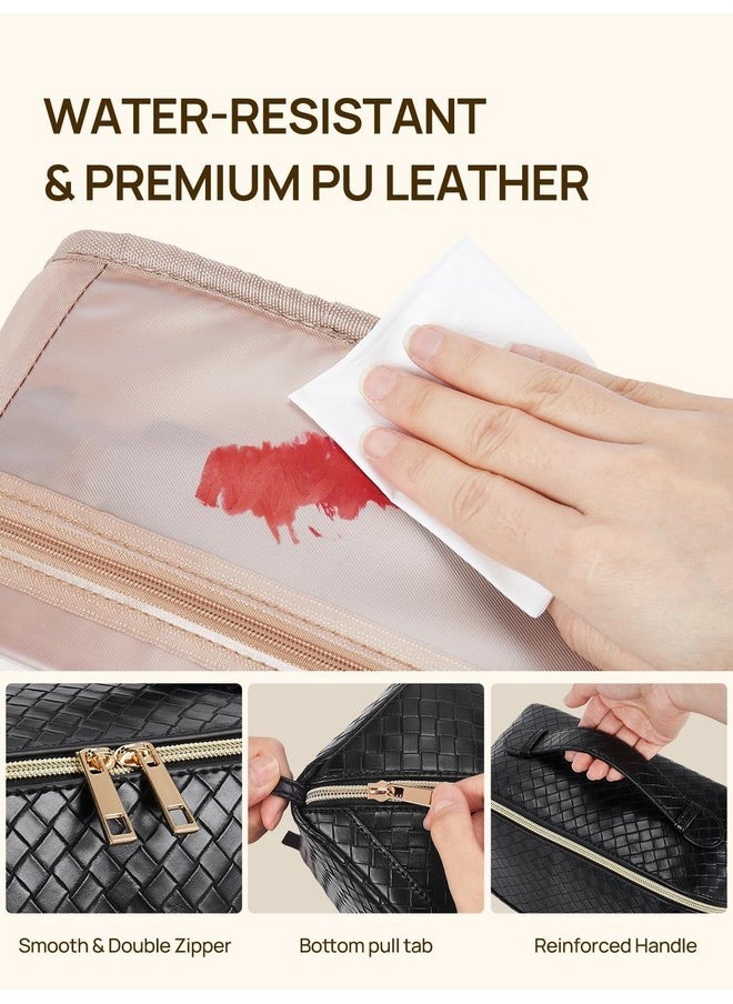 Makeup Bag Large Capacity Travel Cosmetic Bag Portable Pu Leather Water Resistant Makeup Organizer Bags For Women With Handle And Divider Open Flat Black