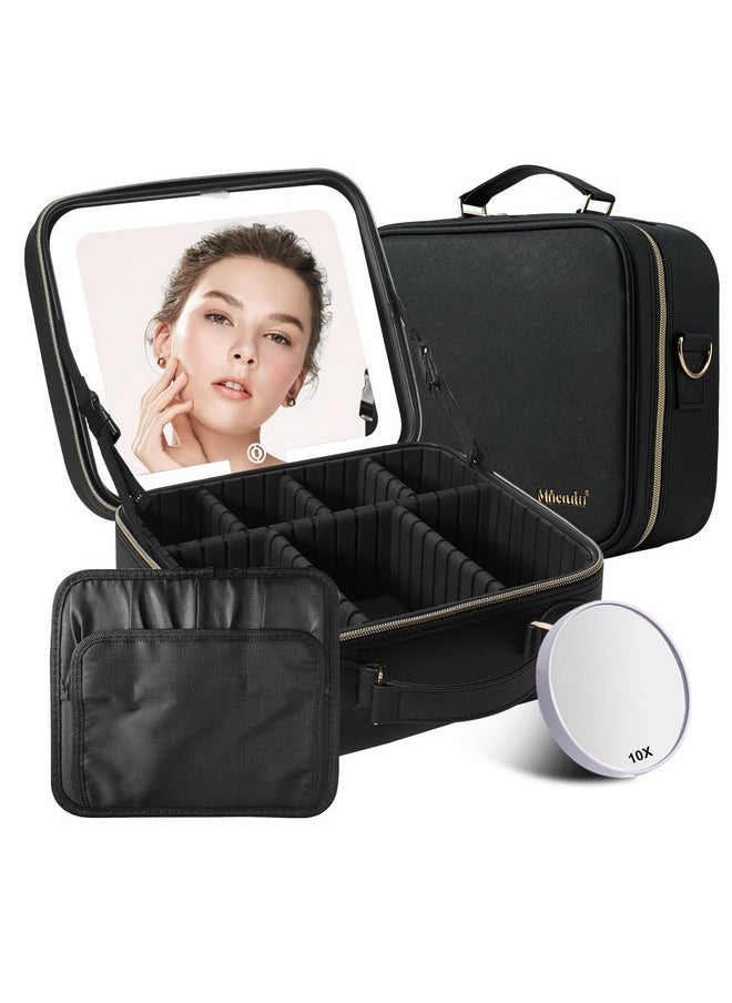 Travel Makeup Bag With Led Lighted Mirror,Travel Makeup Organizer,Makeup Case With 3 Color Lighted Setting And 10X Magnifying Mirror,Portable Storage And Adjustable Dividers Makeup Box(Black)