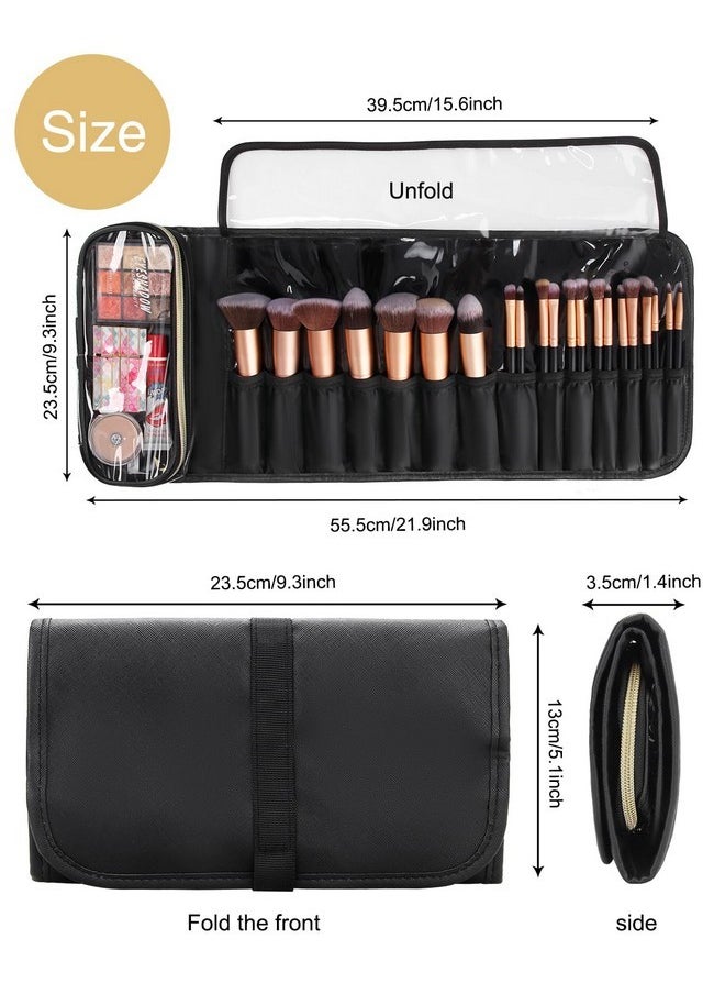 Makeup Brush Holder Makeup Brush Bag Travel Case Pouch Cosmetic Bag Organizer Travel Portable Cosmetics Brushes Black Leather Case With Small Clear Bag For Makeup Artists (Black, Large)