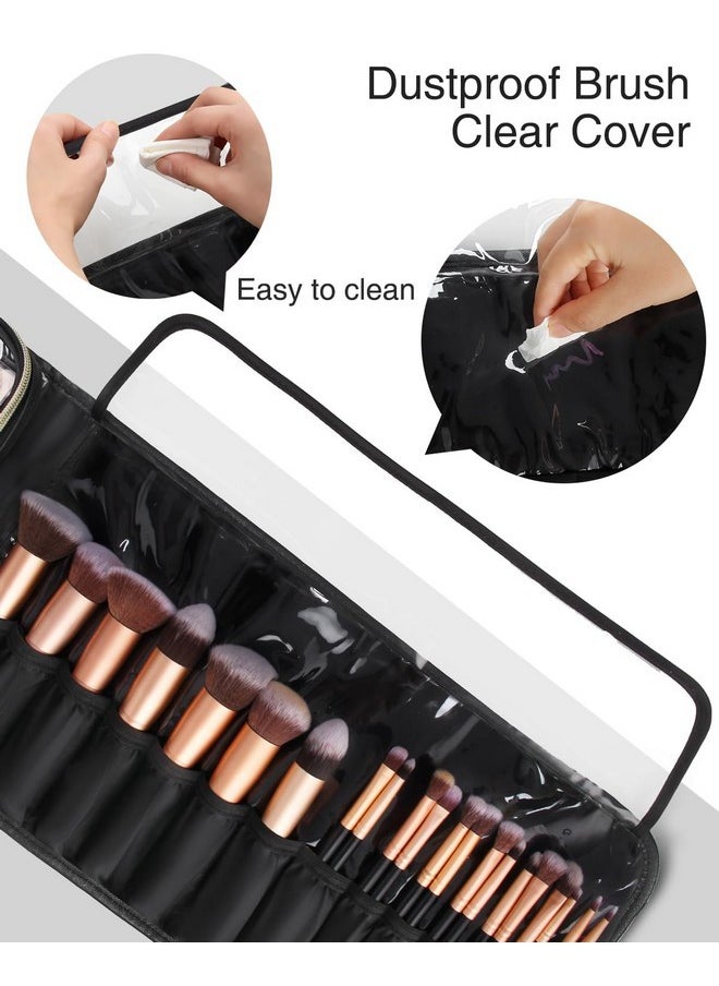 Makeup Brush Holder Makeup Brush Bag Travel Case Pouch Cosmetic Bag Organizer Travel Portable Cosmetics Brushes Black Leather Case With Small Clear Bag For Makeup Artists (Black, Large)